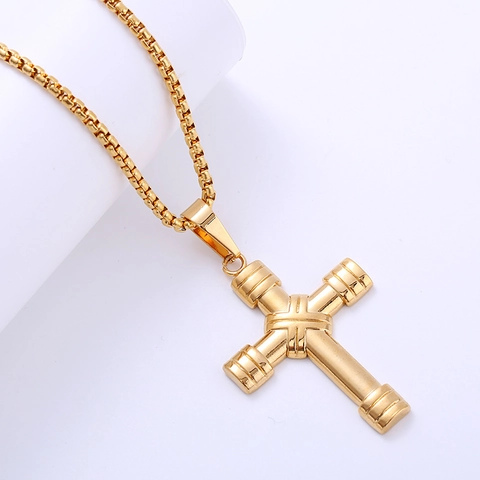 Collar Con Colgante De Cruz De Mancuerna Chapado En Oro De 18K Acero Inoxidable 316L Joyas De Fitness Para Hombres Y Mujeres