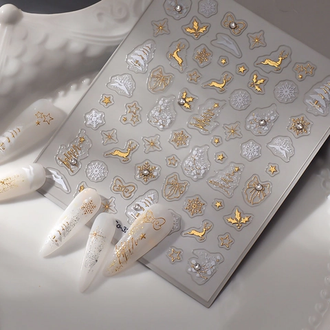 Pegatinas Para Uñas De Navidad Relieve 5D Oro Plata Bronceado Copo De Nieve Reno Autoadhesivas Calcomanías Manicura Mujeres DIY