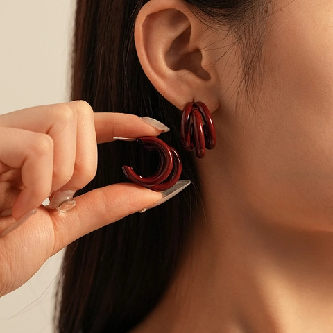 Multi-Layer C-Shaped Earrings With Silver Earring Post Vintage Geometric Painted Alloy Studs For Women Minimalist Style