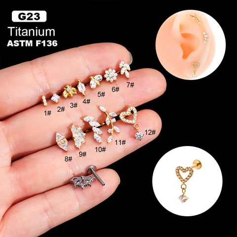 G23 Titanium Internally Threaded Labret Stud Ear Cartilage Piercing Jewelry With Cubic Zirconia Flower Bee Heart Shape