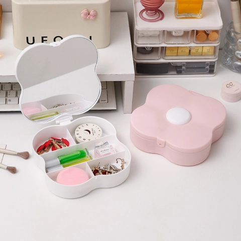 Specchio Da Trucco A Forma Di Trifoglio E Scatola Per Gioielli Organizzatore Portatile Pieghevole In Plastica