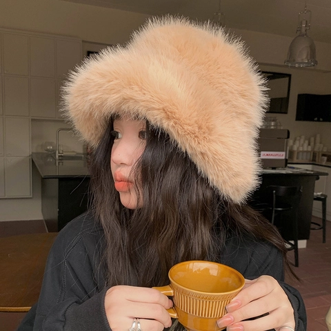 Women Faux Fur Bucket Hat Winter Warm Plush Thick Solid Color Elegant Windproof Outdoor Casual