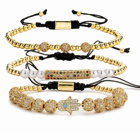 Hamsa Hand Böser Blick Verstellbares Künstliche Perlenarmband Kupfer Mikro Pave Zirkon Herz Künstliche Perle Gewebtes Seil Schmuck Damen