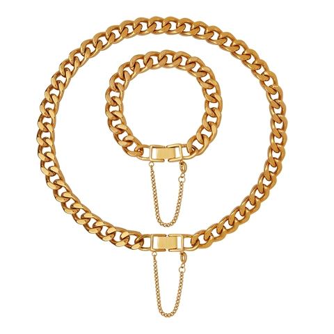 Cadena Cubana Gruesa De Acero De Titanio Collar Y Pulsera Con Cadena De Seguridad Cierre Estilo Hip Hop Punk Para Mujer