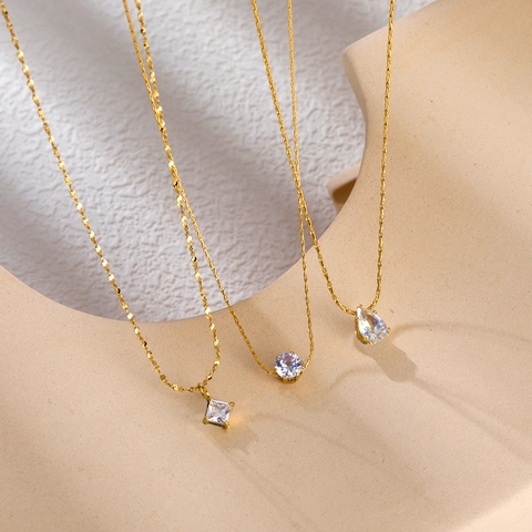 Solitaire Pendant Necklace Titanium Steel 18K Gold Plated Cubic Zirconia Heart Waterdrop Geometric Minimalist For Women