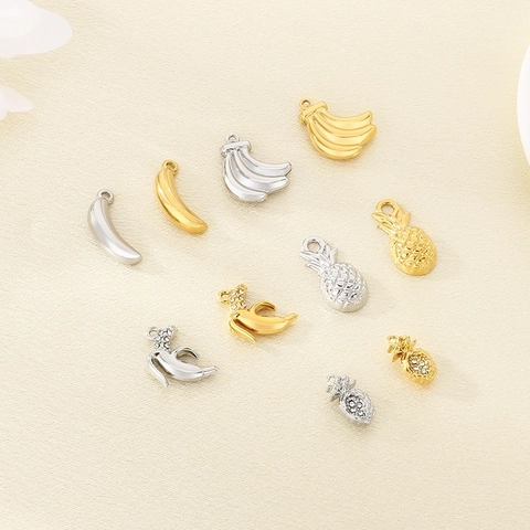Stainless Steel Fruit Charms Banana Pineapple Shape Hollow Rhinestone DIY Jewelry Making Accessories For Women