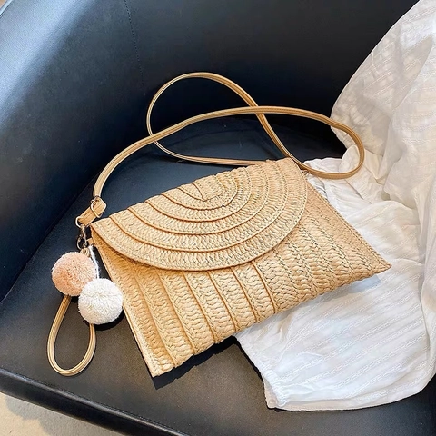 Damen Stroh Umhängetasche Gewebte Schultertasche Mit Pompon Anhängern Sommer Strand Urlaub Böhmisch