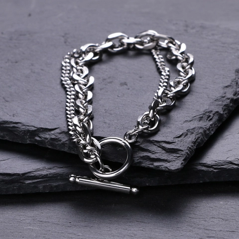 Double Layer Chain Bracelet Stainless Steel OT Toggle Clasp Hip Hop Punk Jewelry Unisex Silver Tone