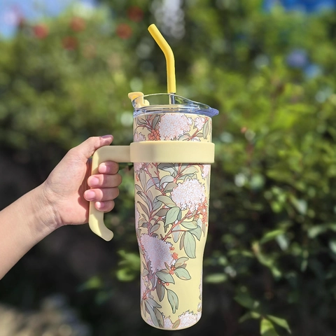 Vacuum Insulated 304 Stainless Steel Tumbler With Handle And Straw Large Capacity Car Water Bottle Floral Ocean Print Cup