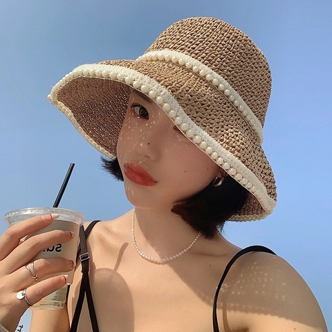 Women Straw Bucket Hat Sun Protection Wide Brim Artificial Pearl Beaded Elegant Summer Beach Woven Travel Fashionable