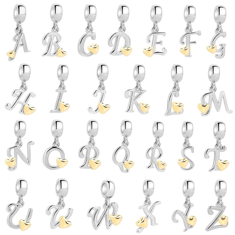 925 Sterling Silver 26 Alphabet Initial Charms Golden Heart Dainty Initial Pendant For DIY Bracelet Necklace Accessories