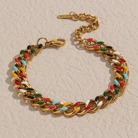 Pulsera de Eslabones Cubanos Gruesos de Acero Inoxidable Dorado para Mujer Punk Hip Hop Con Esmalte Colorido Joyería
