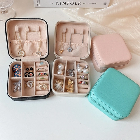 Joyero Portátil De Cuero PU Estuche De Viaje Pequeño Para Anillos Pendientes Collares Almacenamiento Con Cremallera Lujo