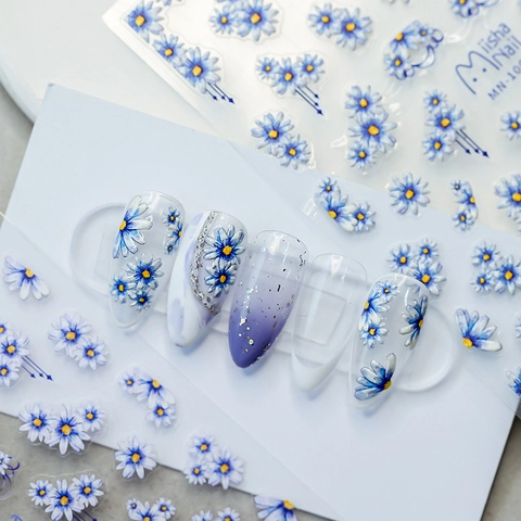 Autocollants Ongles Relief 3D Marguerites Bleues Auto-Adhésifs Décalcomanies Florales Pour Décoration De Manucure DIY
