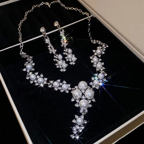 Collar Y Pendientes De Gota Con Flores Perlas Artificiales De Imitación Rhinestone Joyería Para Mujer Elegante Con Silver Earring Post