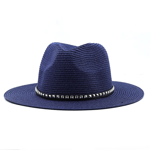 Fedora Straw Sun Hat Woven Wide Brim With Rivet Band Breathable Summer Beach Western Cowboy Style For Men Women Kids