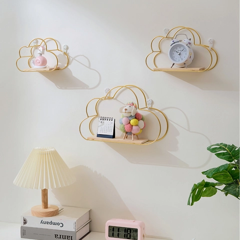 Étagère Murale Flottante En Forme De Nuage Cadre En Métal De Fer Avec Base En Bois Support De Rangement Décoratif Style Nordique