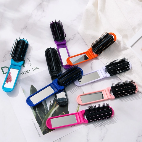 Pettine Per Capelli Pieghevole Portatile Con Specchio Viaggio Mini Spazzola Massaggio Air Cushion Plastica ABS Tascabile Strumento Styling