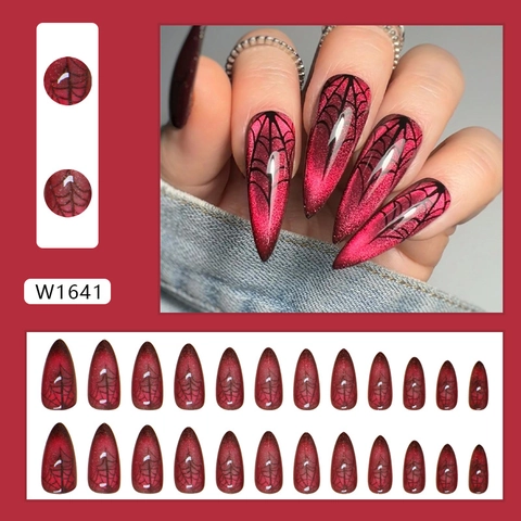 Halloween Stiletto Kunstnagels Donkerrood Cat Eye Spinnenweb Gothic Lange Puntige Kunstnagels