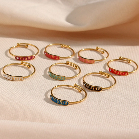 Mode Edelstahl 18K Vergoldet Mama Buchstabe Emaille Verstellbar Offener Ring Mit Strass Für Damen Muttertag Geschenk