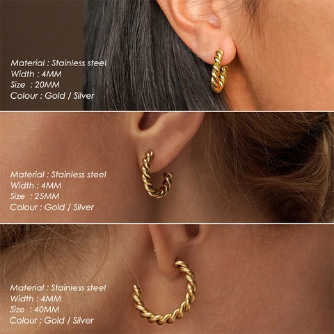 Pendientes de Aro Torcidos de Acero Inoxidable para Mujer en Forma de C Oro Plata Joyería Minimalista