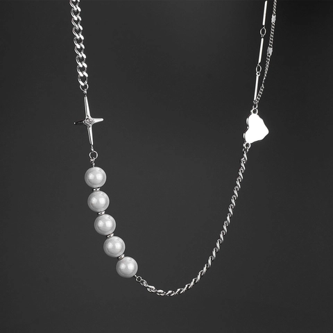 Titanium Steel Mixed Chain Necklace With Imitation Artificial Pearl Rhinestone Cross Heart Pendant Hip Hop Style Unisex