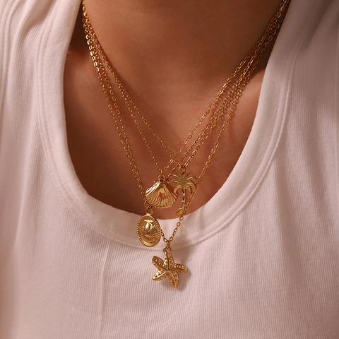 18K Gold Plated Stainless Steel Ocean Pendant Necklace For Women Shell Starfish Coconut Tree Marine Jewelry Vacation Gift