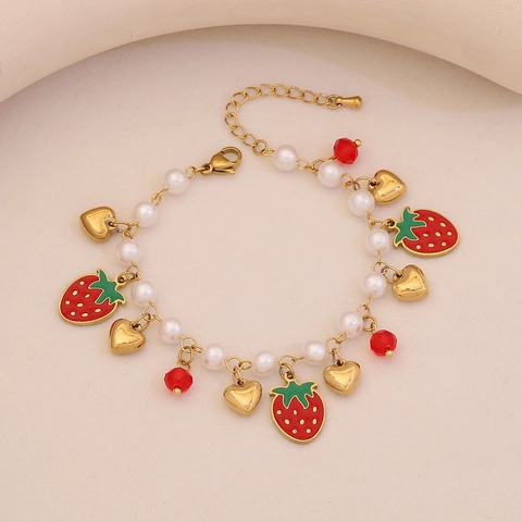 Bracciale Con Ciondolo Frutta In Acciaio Inossidabile Con Imitazione Perla Artificial Cuore Smalto Dolce Elegante Gioielli Mano Per Donna