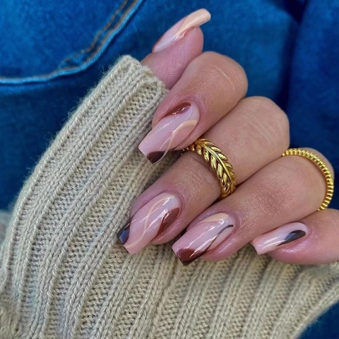 French Abstract Swirl Press On Nails Long Square Shape Pink Brown Artificial Fingernails Glue Style For Women