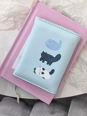 Simpatico Portafoglio Pieghevole In Tre Con Stampa Gatto Cartone Animato Pelle PU Porta Carte Portatile Per Studentesse Ragazze Blu
