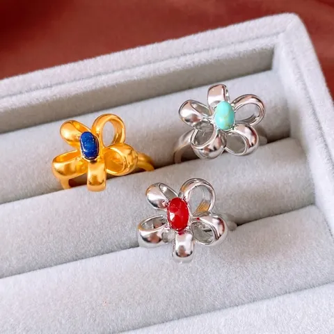 Anello Aperto Vintage A Fiore Con Fiocco In Rame Pietra Ovale Gioielli Da Dito Regolabili Da Donna