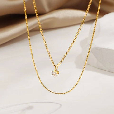 Collar Doble Capa Delicado Acero De Titanio Colgante Circonita Cúbica Brillante Cadena Superpuesta Minimalista Mujer