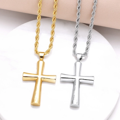 Collier Pendentif Croix Cuivre Plaqué Or 18K Poli Chaîne De Corde Bijoux De Mode Religieux Minimalistes Pour Hommes Femmes