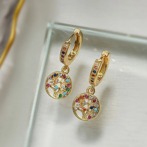 Hamsa Hand Tree Of Life Drop Hoop Earrings Copper Gold Plated Multi Color Zircon Fashion Light Luxury Jewelry Women