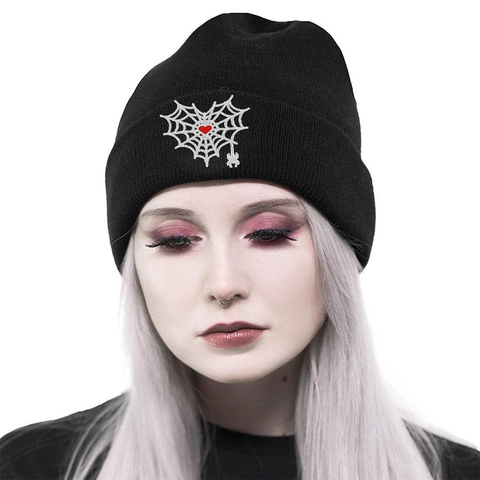Gothic Herz Spinnennetz Gesteckt Beanie Mütze Punk Dark Winter Warm Acryl Strickmütze Für Damen Herren Hip Hop Kappen