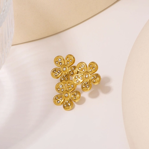 Flower Cluster Ring Stainless Steel Micro Rhinestone Elegant Luxury Adjustable Waterproof For Women