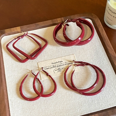 Pendientes De Aro Rojos Geométricos Cuadrados Redondos Cobre Con Silver Earring Post Estilo Retro Francés Para Mujer
