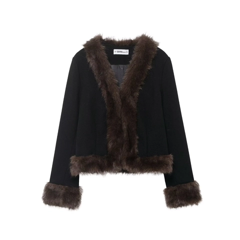 Giacca Corta Da Donna Con Finiture In Ecopelliccia Marrone Scollo A V Manica Lunga Elegante Cappotto Invernale