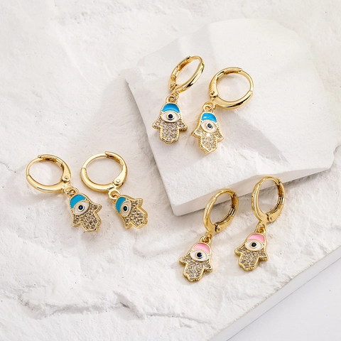 Boucles D'oreilles Main De Fatma Mauvais Oeil Cuivre Plaqué Or 18K Émail Zircon Inlaid Bijoux Vintage Pour Femmes