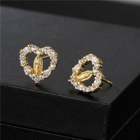 Heart Shaped Copper Earrings With Virgin Mary Relief Gold Plated Zircon Studs Religious Jewelry
