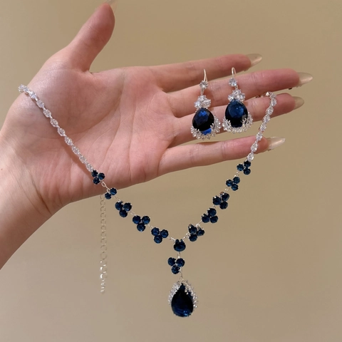 Teardrop Blue Zircon Necklace And Earrings Jewelry For Women Copper Silver Earring Post Luxury Elegant Court Style