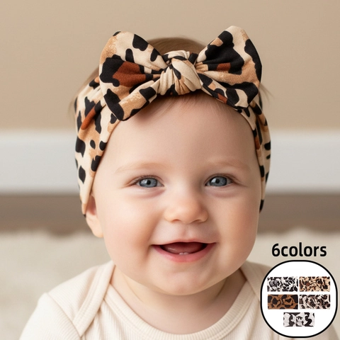 Baby Headband Infant Turban Hair Band Soft Elastic Polyester Wide Bow Leopard Print Animal Pattern Newborn Girls