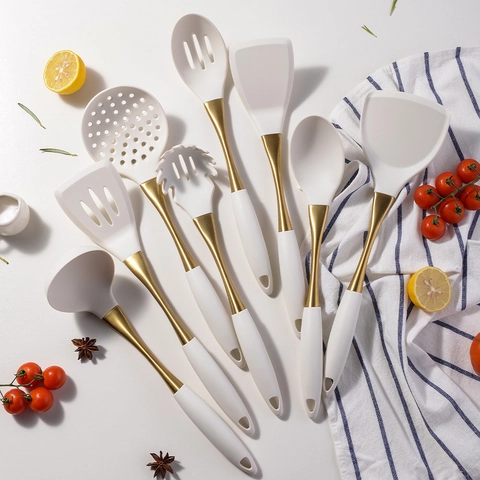 Utensili Da Cucina In Silicone 304 Acciaio Inossidabile Manico Placcato Oro Spatola Antiaderente Mestolo Schiumarola