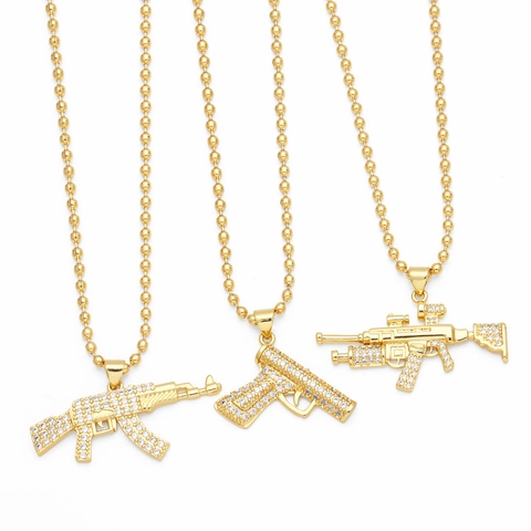 Hip Hop Iced Out Gun Pendant Necklace Gold Plated Brass Zircon Bling AK47 Pistol Shape Streetwear Jewelry Men