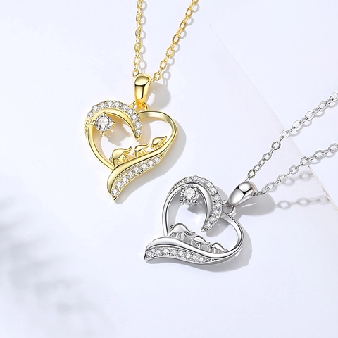 925 Sterling Silver Heart Elephant Pendant Necklace Rhinestone Inlaid Elephant Family Charm Chain For Women Jewelry Gift