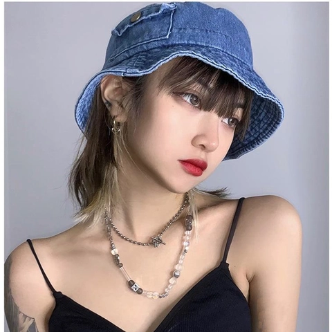 Denim Bucket Hat With Side Pocket Metal Button Washed Cotton Sun Protection Street Casual Fisherman Hat For Women Men