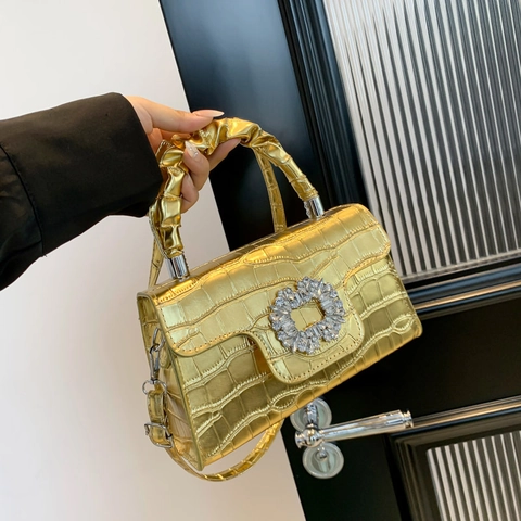 Sac À Main Élégant En Cuir PU À Motif Crocodile Avec Boucle En Strass Et Poignée Plissée Petit Sac Carré Bandoulière Pour Femme