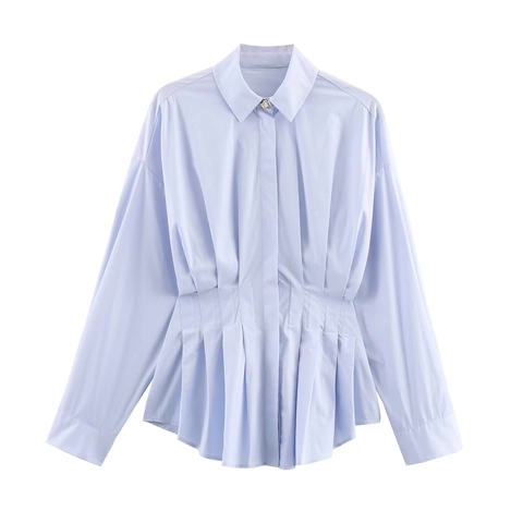 Dames Poplin Overhemd Met Lange Mouwen Geplooide Taille Knoopsluiting Revers Elegant Casual Kantoor Blouse