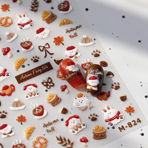 Adesivi Unghie Rilievo 5D Tema Autunno Cartone Animato Coniglio Orso Foglia Acero 3D Manicure DIY