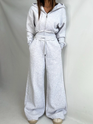 Damen Cropped Zip Up Hoodie Und Weite Hose 100% Baumwolle Solid Grau Casual Sportlich Streetwear Trainingsanzug